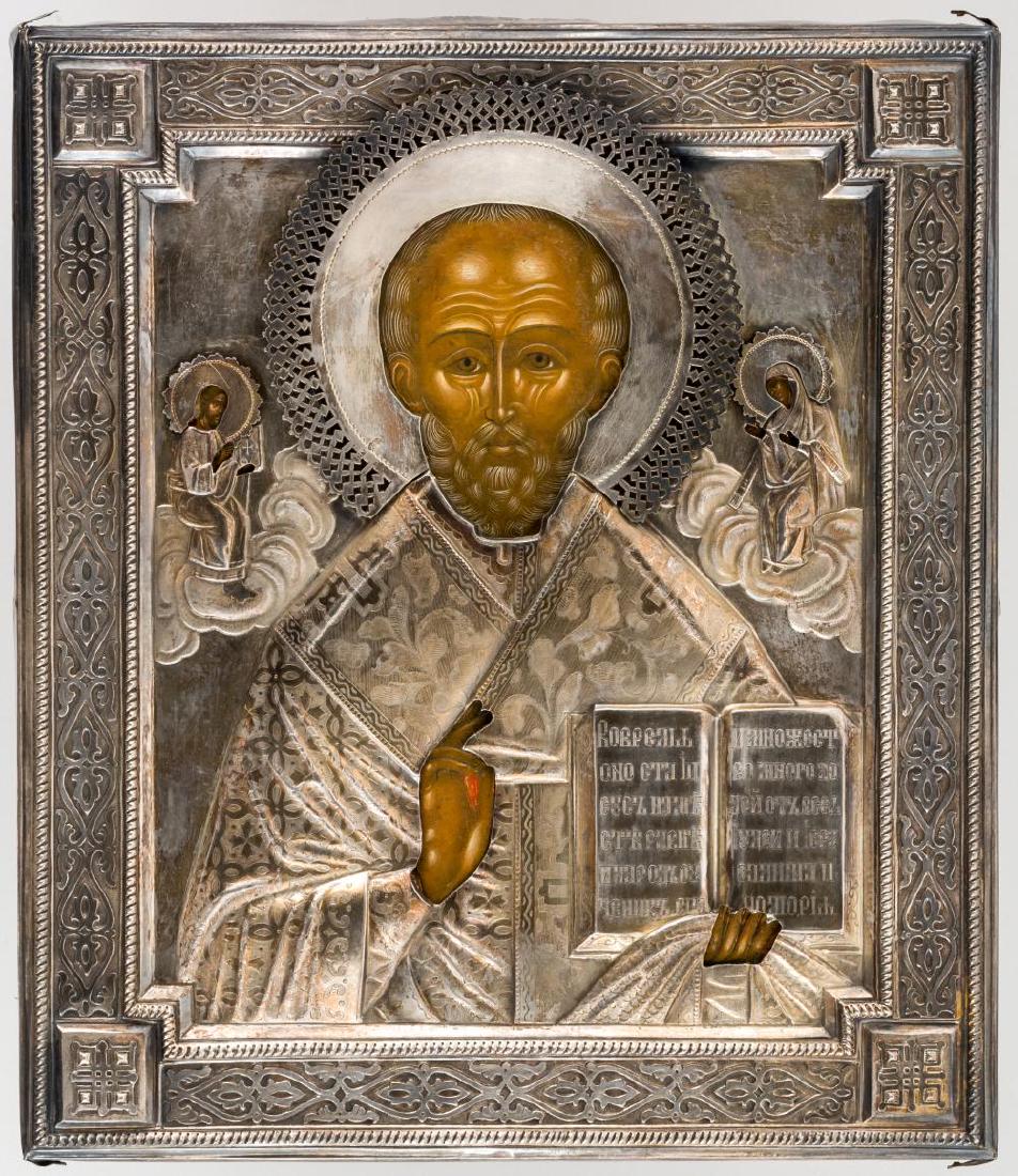 St. Nicholas, Russian icon, St. Petersburg 1893: St. Nicholas, Russian icon with silver-oklad (300g), St. Petersburg 1893, Assay master: Alexandr Sevjer (1892-1895), master: I.G. in Cyrillic letter = not identifiable master, 31 x 26,5 cm