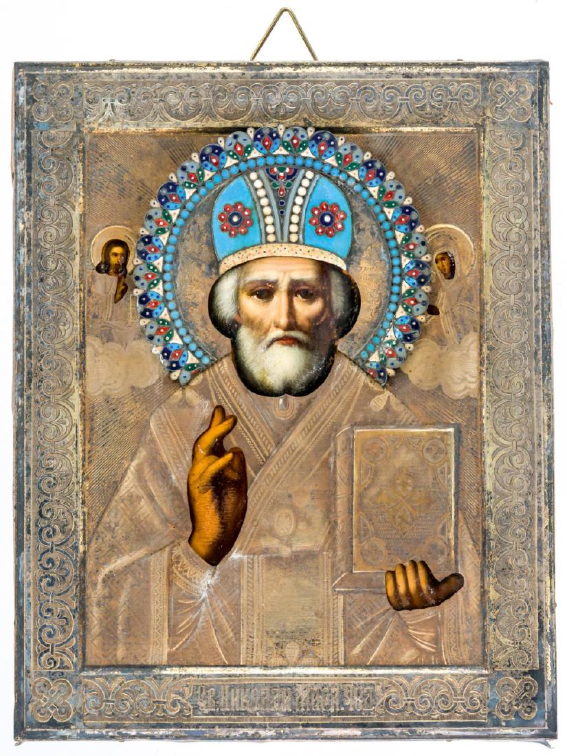 St. Nicholas, Russian icon, around 1900: St. Nicholas, Russian icon with silver-oklad and Cloisonne-Enamel-Halo, around 1900, master: not identifiable, 22,4 x 17,7 cm