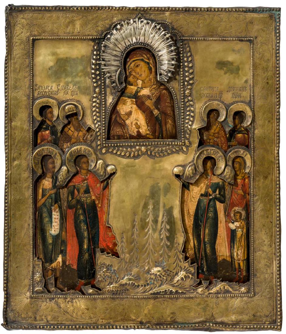 Mother of God Vladimirskaya with patron saints of: Mother of God Vladimirskaya with patron saints of medicine, Russian icon with brass oklad, 19th c., 34 x 29,5 cm // On the left: St. Cosmas, St. Paul, St. John the Baptist and St. Archangel Michael, o