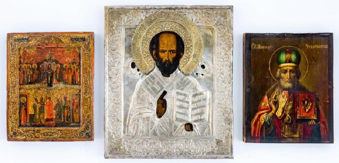 Three Russian icons, 19th c.: Mother of God Pokrov, St. Nicholas, St. Nicholas, Three Russian icons, 19th c., 22 x 17,5 cm, 31 x 26 cm and 22 x 17,3 cm