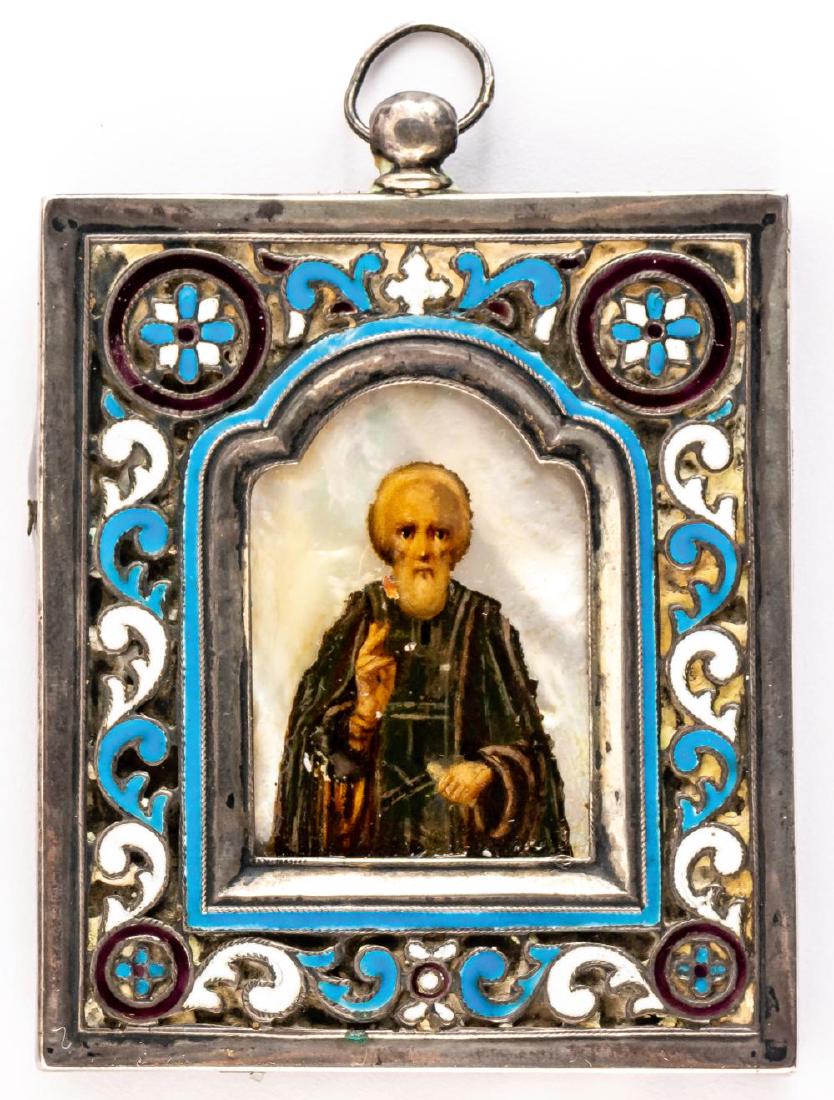 Russian icon with enameled silver oklad: St. Sergius of Radonesh, Russian icon painted on mother-of-pearl with enameled silver oklad, Moscow (?) 1896-1908, master: I.E. in Cyrillic letter = not identifiable master, 6,8 x 6 cm