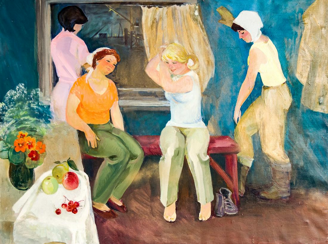 The Team,verso titled, by Olga Titova (1937-2017): The Team, Oil on canvas, verso titled, by Olga Titova (1937-2017), 1980s, 90x121 cm // Lit: Matthew Cullerne Bown, A dictionary of twentieth century Russian and Soviet painters, 1900-1989s, London 199
