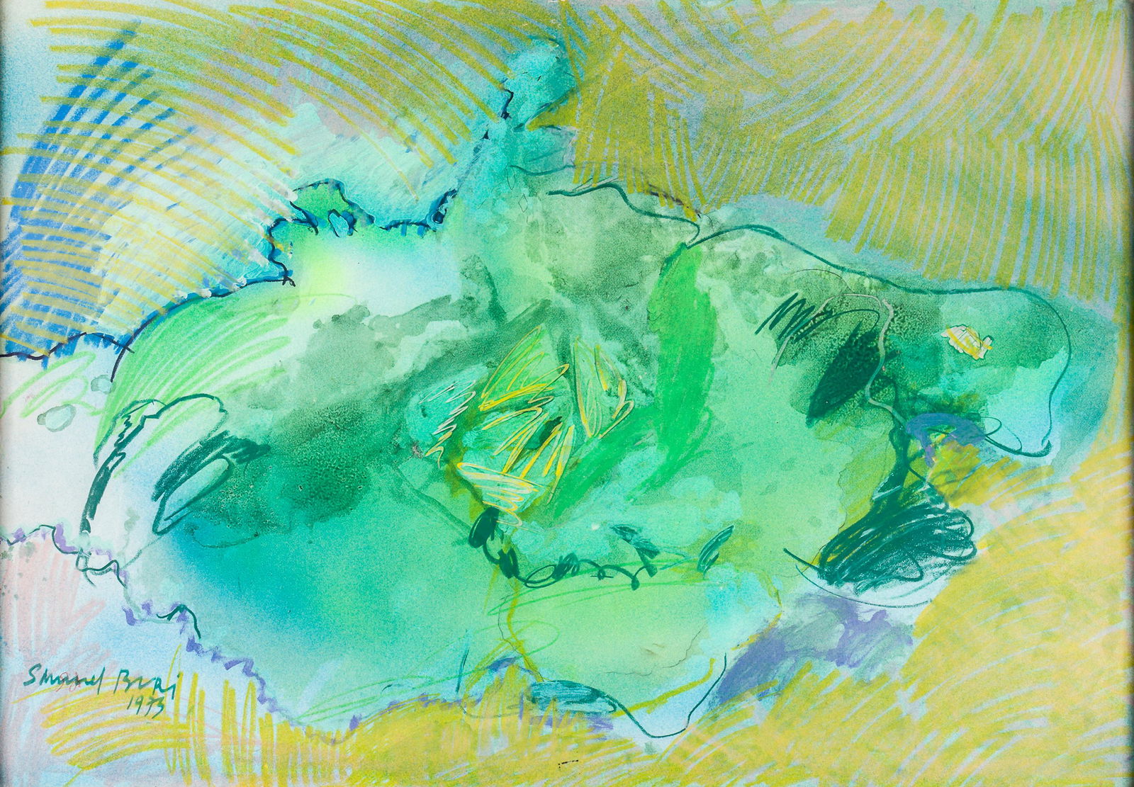 Samuel BURI (1935): Samuel BURI (1935)Ohne TitelSehr grosses Aquarell auf Papier, signiert und datiert 1973ca. 75 x 107 cm, Rahmen: 89,5 x 118 cmSamuel Buri: Maler. Geboren am 27.9.1935 in TÃ¤uffelen. 1953-55 Basler Ge