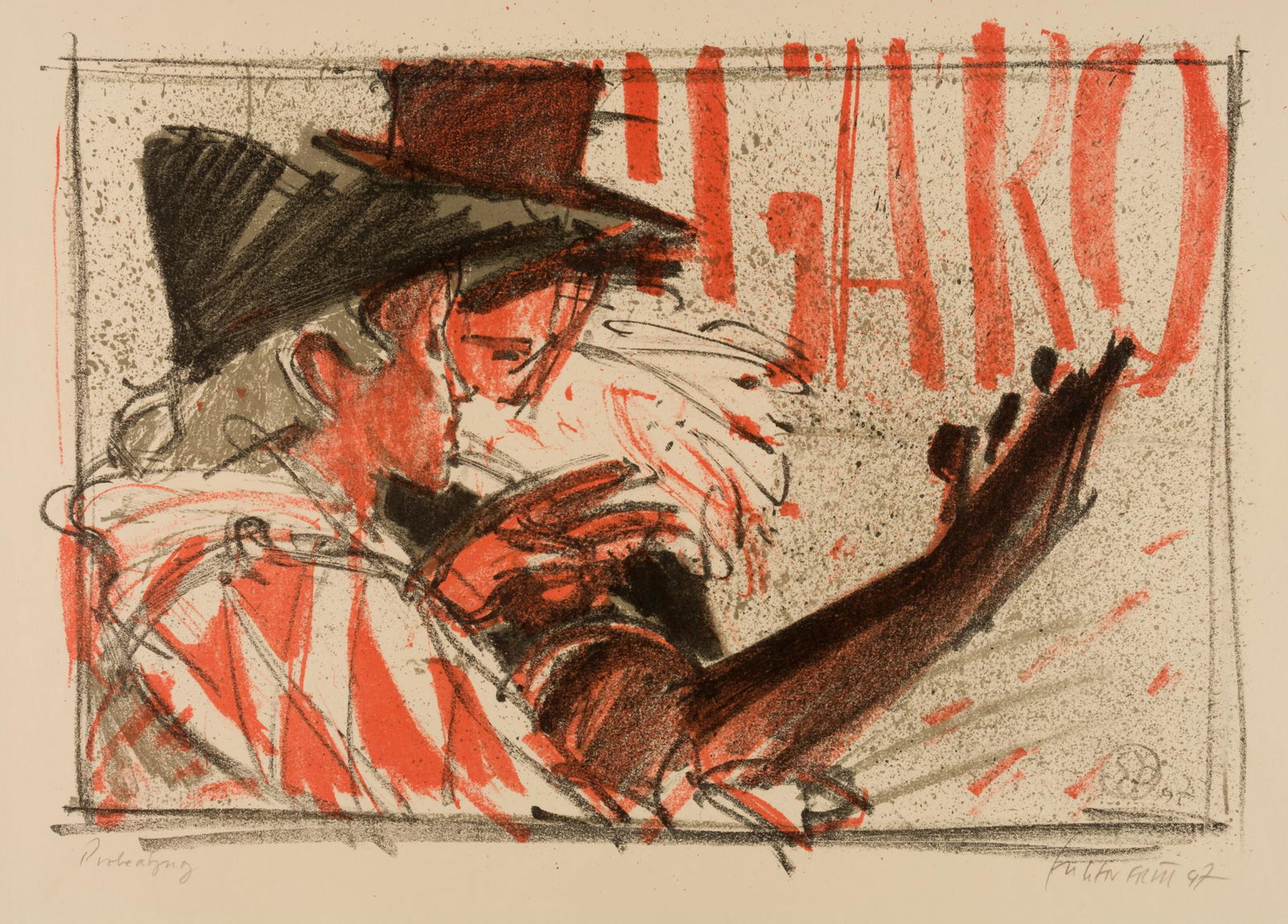 Eugen FRÃœH (1914-1975): Eugen FRÃœH (1914-1975)Das BettelliedGrosse Lithographie, Probeabzug, mit Bleistift signiert und datiert (19)4730 x 42,5 cmEugen FrÃ¼h: Maler und Graphiker. Geboren am 22.1.1914 in St. Gallen, ges