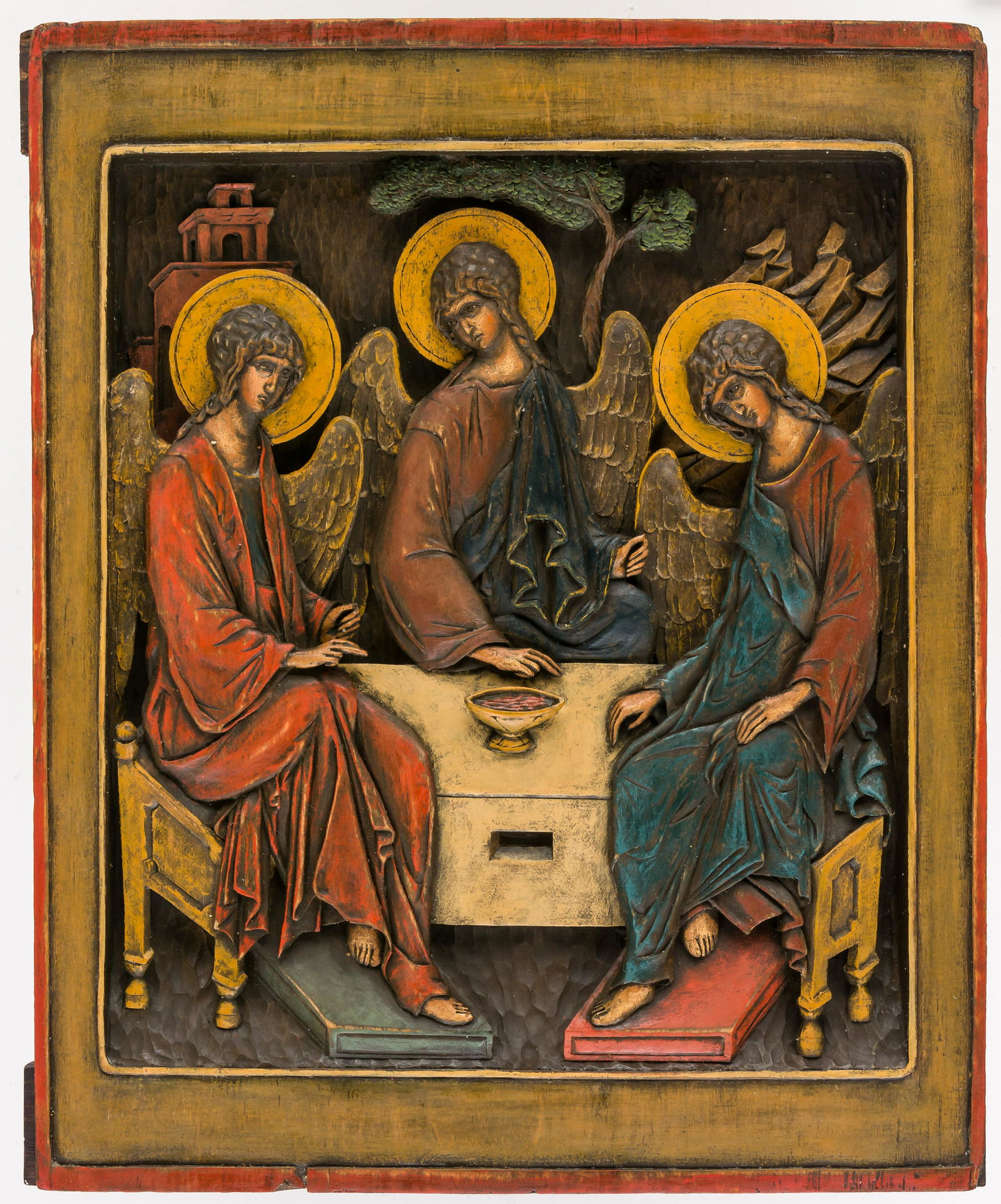 RUSSIAN WOOD-CARVED ICON SHOWING THE HOLY TRINITY (OLD (1 of 2)