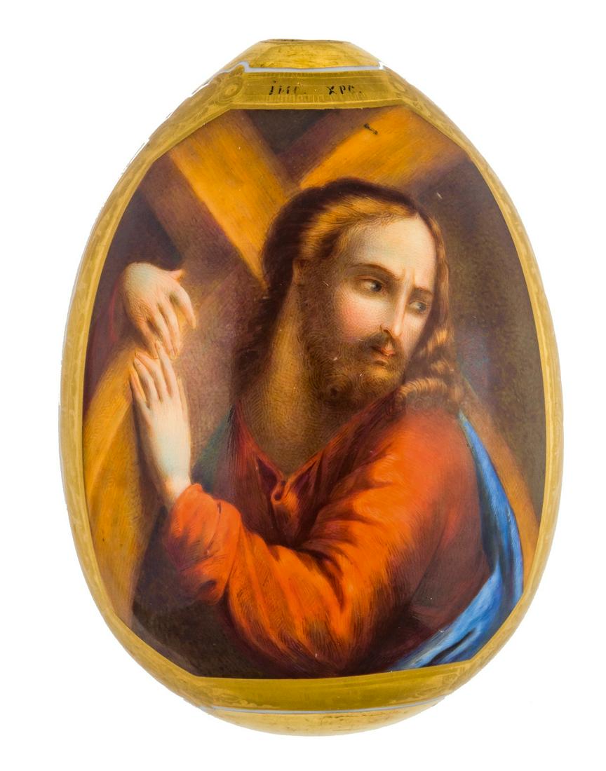 RUSSIAN PORCELAIN EASTER EGG SHOWING CHRIST CARRYING (1 of 2)