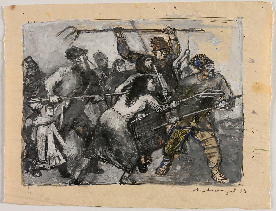 PEASANT UPRISING: PEASANT UPRISING Gouache on paper by Meer AXELROD (1902-1970), signed and dated 33, according to the information on the reverse, sketch for the painting "Peasant uprising" 25 x 32 cm
