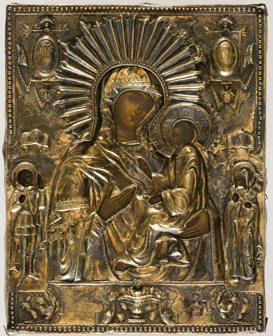 RUSSIAN ICON WITH GILDED SILVER OKLAD SHOWING THE (1 of 4)