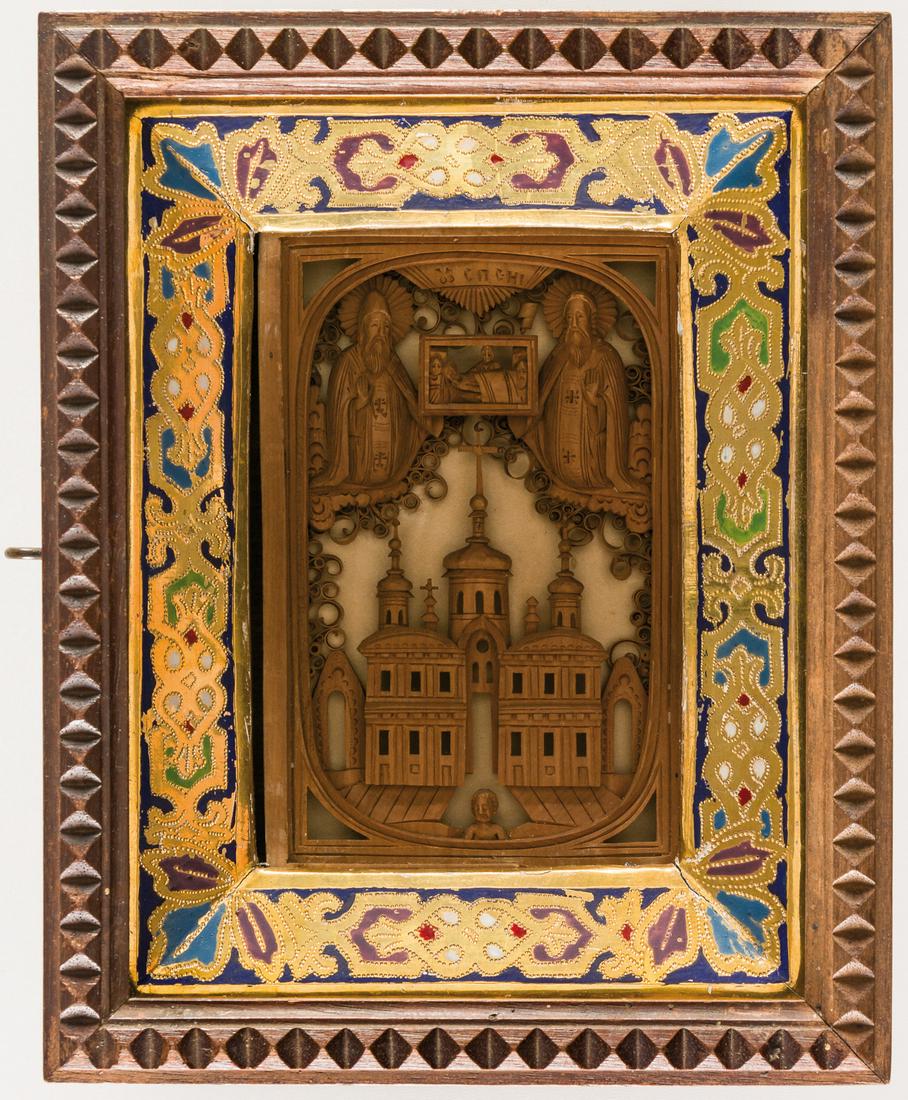 RUSSIAN WOOD CARVED ICON SHOWING ST. ANTONY AND FEODOSY (1 of 2)