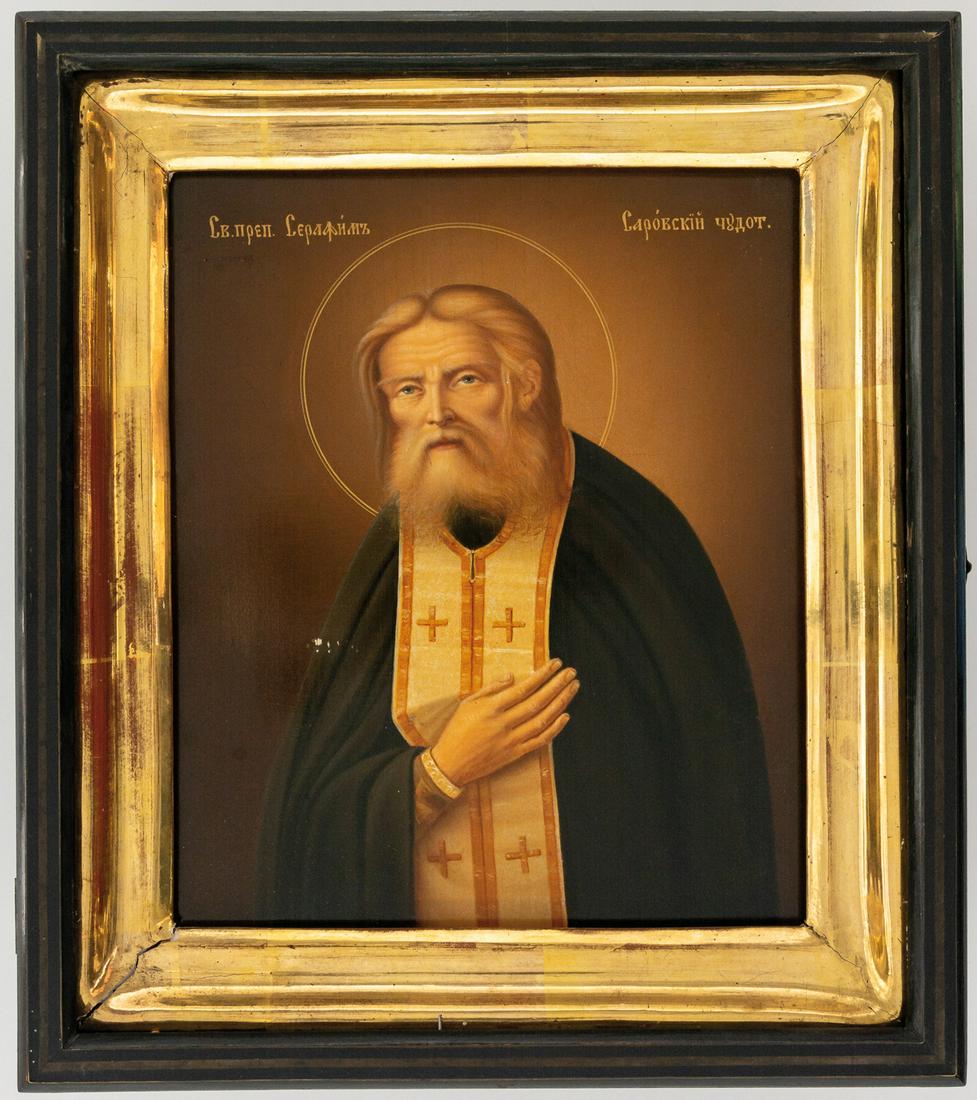 AN EXTREMELY FINE AND NATURALISTICALLY PAINTED RUSSIAN: AN EXTREMELY FINE AND NATURALISTICALLY PAINTED RUSSIAN ICON SHOWING ST. SERAPHIM OF SAROW shortly after 1903 27 x 22,5 cm, Kiot: 35 x 31 cm
