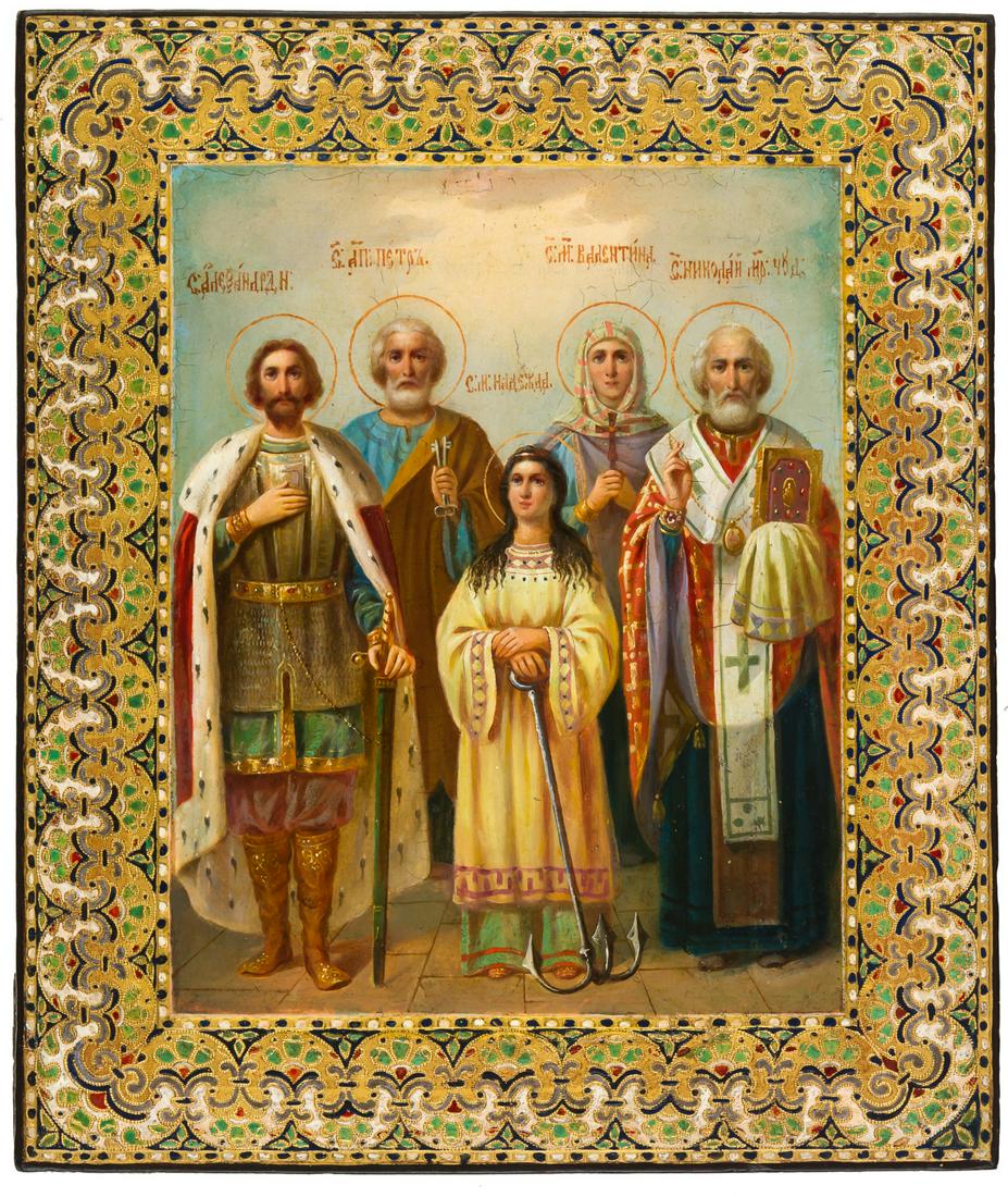 A RARE RUSSIAN CLOISONNE-ENAMEL IMITATING ICON SHOWING SAINTS (1 of 2)