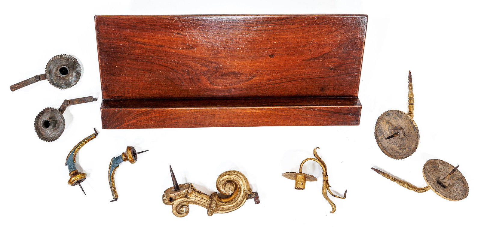 CONVOLUTE MUSIC STAND AND CANDLE HOLDERS FOR ORGAN INSTRUMENTS: Convolute of a music stand, 3 pairs of candle holders and two single candle holders from different periods, possibly for organs.