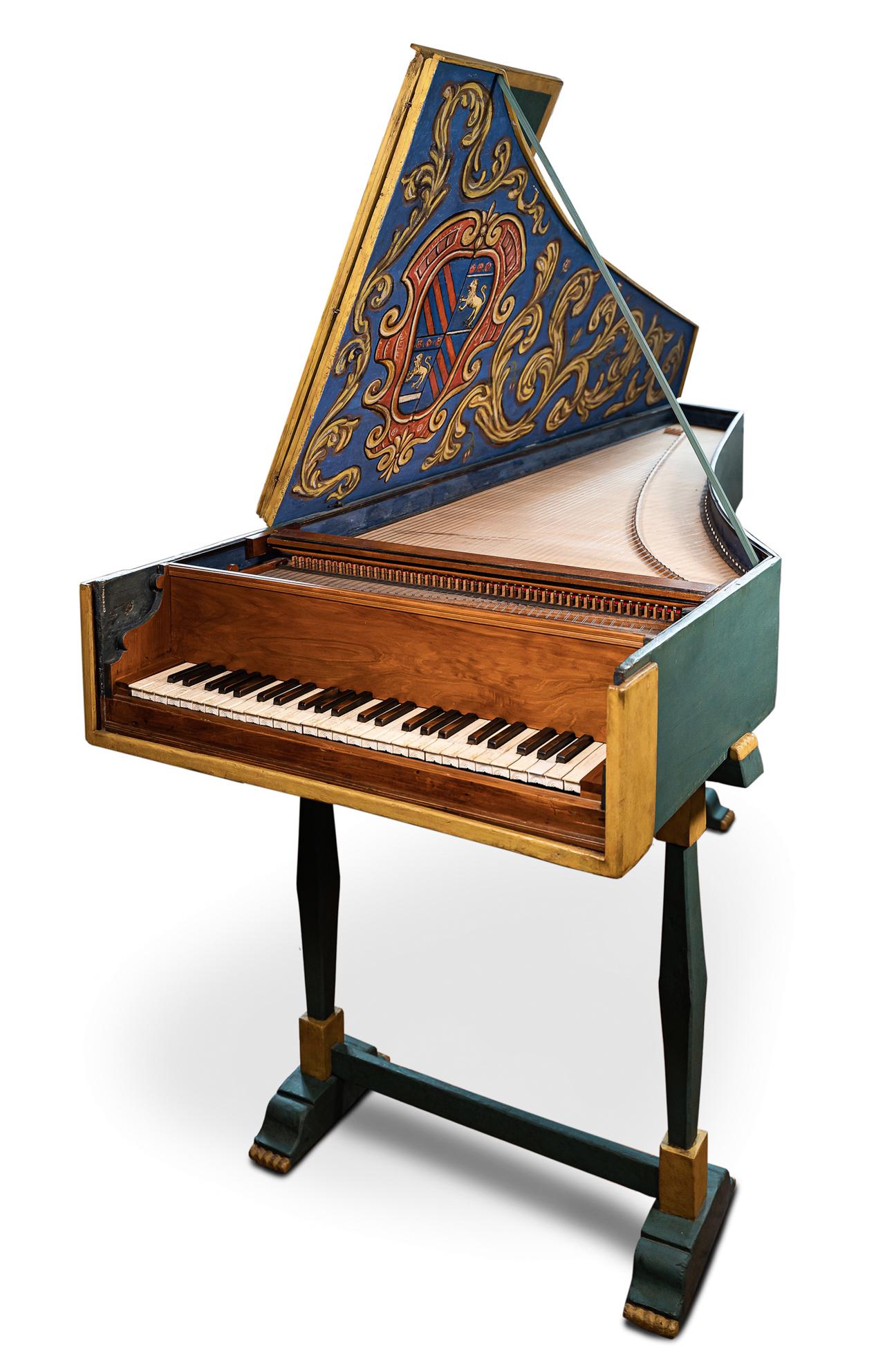 ITALIAN HARPSICHORD, SIGNED MARIO SERAFINI 1699, POSSIBLY ROME: According to Prof. Dr. R. Ewerhart, the instrument was built by Mario Serafini 1699 in Rome as a false-inner-outer. According to him, the instrument is signed inside under the soundboard. The tuning p