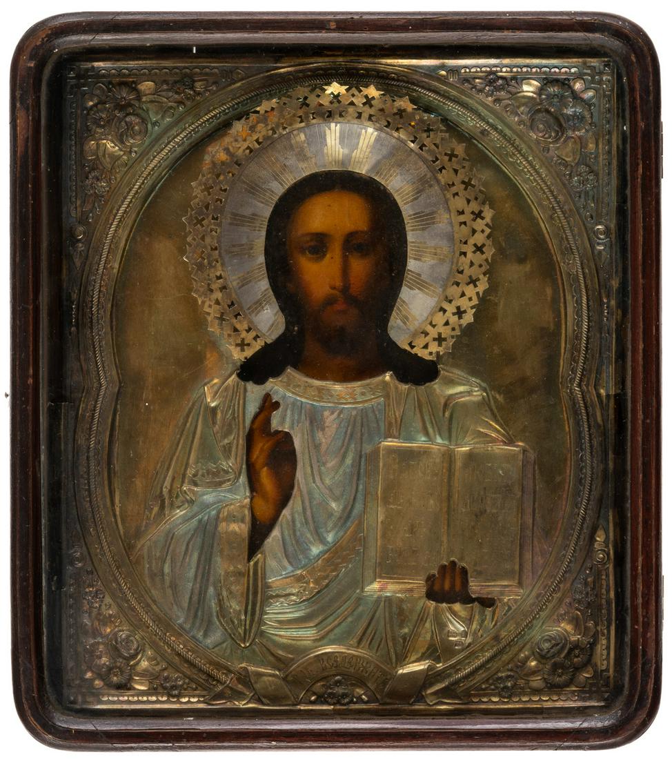 RUSSIAN SILVER OKLAD ICON SHOWING CHRIST PANTOKRATOR (1 of 4)