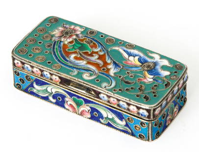 RUSSIAN SILVER TOBACCO TIN WITH CLOISONNE ENAMEL: Moscow, 1908-1917 Master's mark 'MZ' in Cyrillic letters, probably Mikhail Zorin. 1.5 x 6.5 x 3cm, weight: 65g