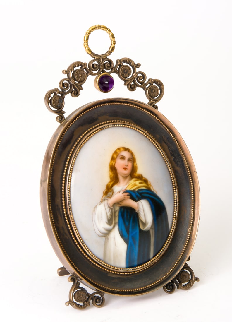 RUSSIAN SILVER STAND WITH PORCELAIN IMAGE OF THE MOTHER OF GOD AND MONOGRAM OF TSAR ALEXANDER II (1 of 2)