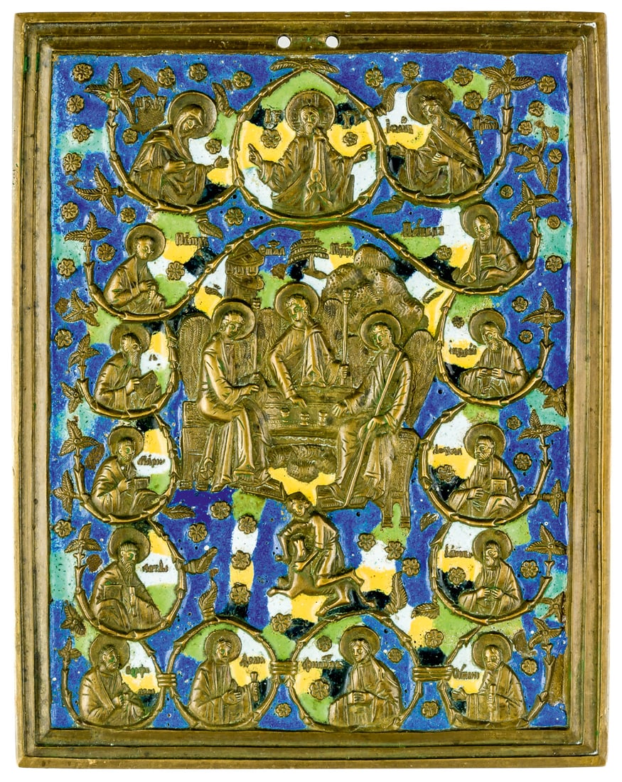 VERY RARE RUSSIAN METAL-ICON SHOWING THE HOLY TRINITY (OLD TESTAMENT TYPE), THE DEESIS AND SAINTS (1 of 2)