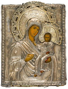 RUSSIAN SILVER OKLAD ICON SHOWING THE MOTHER OF GOD SMOLENSKAYA: St. Petersburg, 2nd half of 19th c. Master's mark: 'T.S.B' in Cyrillic letters, probably Bogdanov Trofim Semyonovich 17 x 13.5 cm, weight silver: 80g