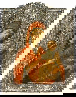 RUSSIAN SILVER OKLAD ICON SHOWING THE MOTHER OF GOD IVERSKAYA: Moscow 17??, master's mark: 'M.A' in Cyrillic letters 34 x 26.5 cm
