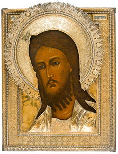 RUSSIAN GILDED SILVER OKLAD ICON SHOWING ST. JOHN THE BAPTIST: heavy oklad, St. Petersburg, 1815, with applied niello writing fields and applied rows of silver beads, Master's mark: 'PR' in Cyrillic letters 32 x 25.5 cm, weight silver: 970g