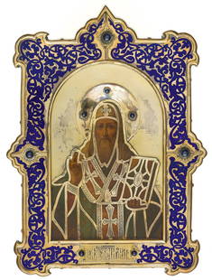 RUSSIAN ENAMELLED SILVER OKLAD ICON SHOWING ST. METROPOLITAN ALEXIY: late 19th c,, with enameled silver oklad and apocryphal marks, 20th c.. 18 x 15 cm