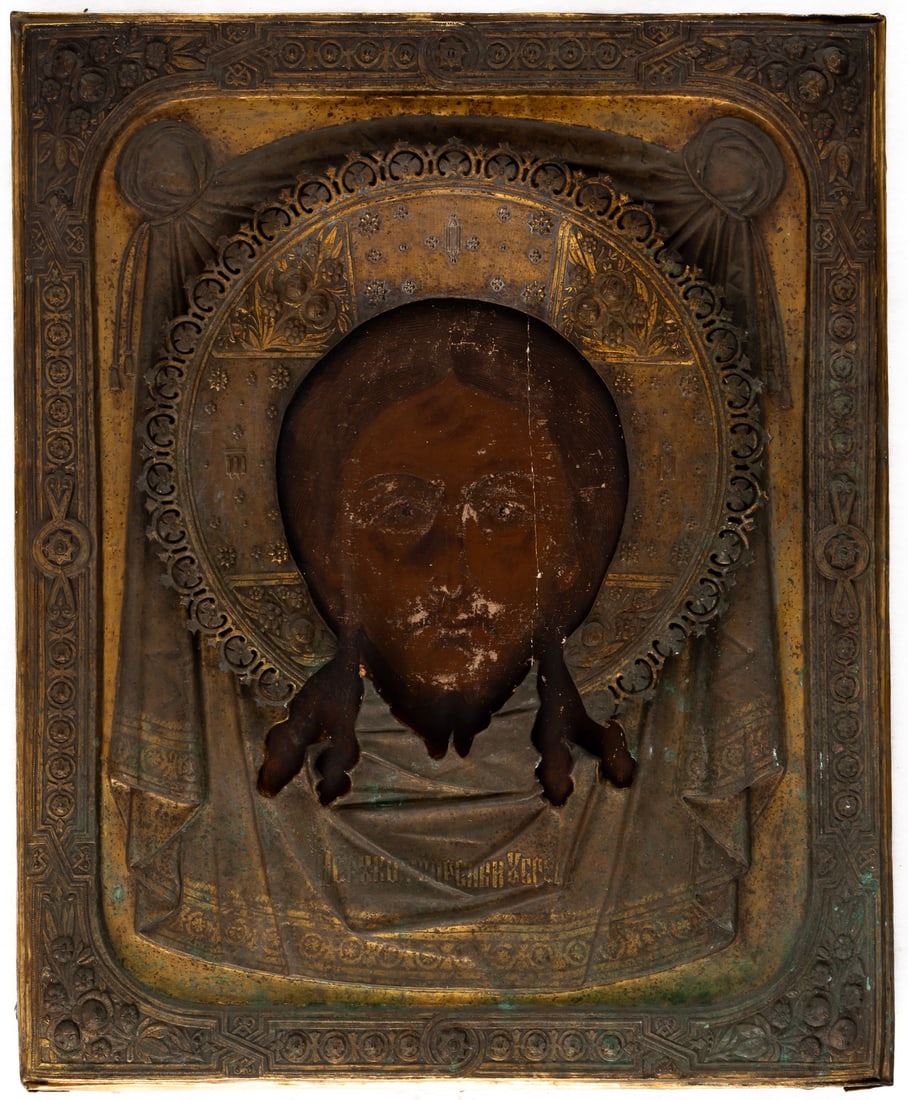 VERY LARGE RUSSIAN BRASS OKLAD ICON SHOWING THE MANDYLION OF CHRIST (1 of 3)