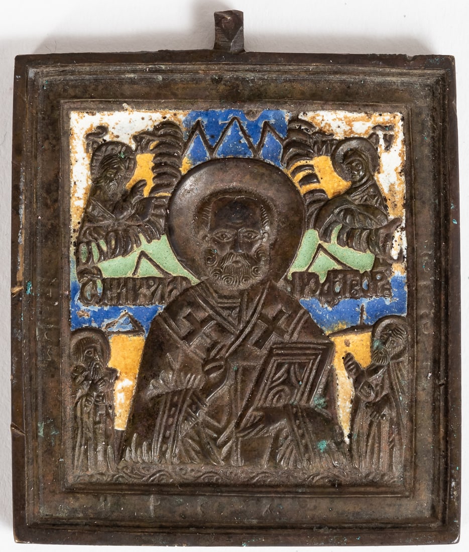 RUSSIAN METAL ICON SHOWING ST. NICHOLAS: RUSSIAN METAL ICON SHOWING ST. NICHOLAS Quadruple enamelled, 19th c. 6 x 5.5 cm
