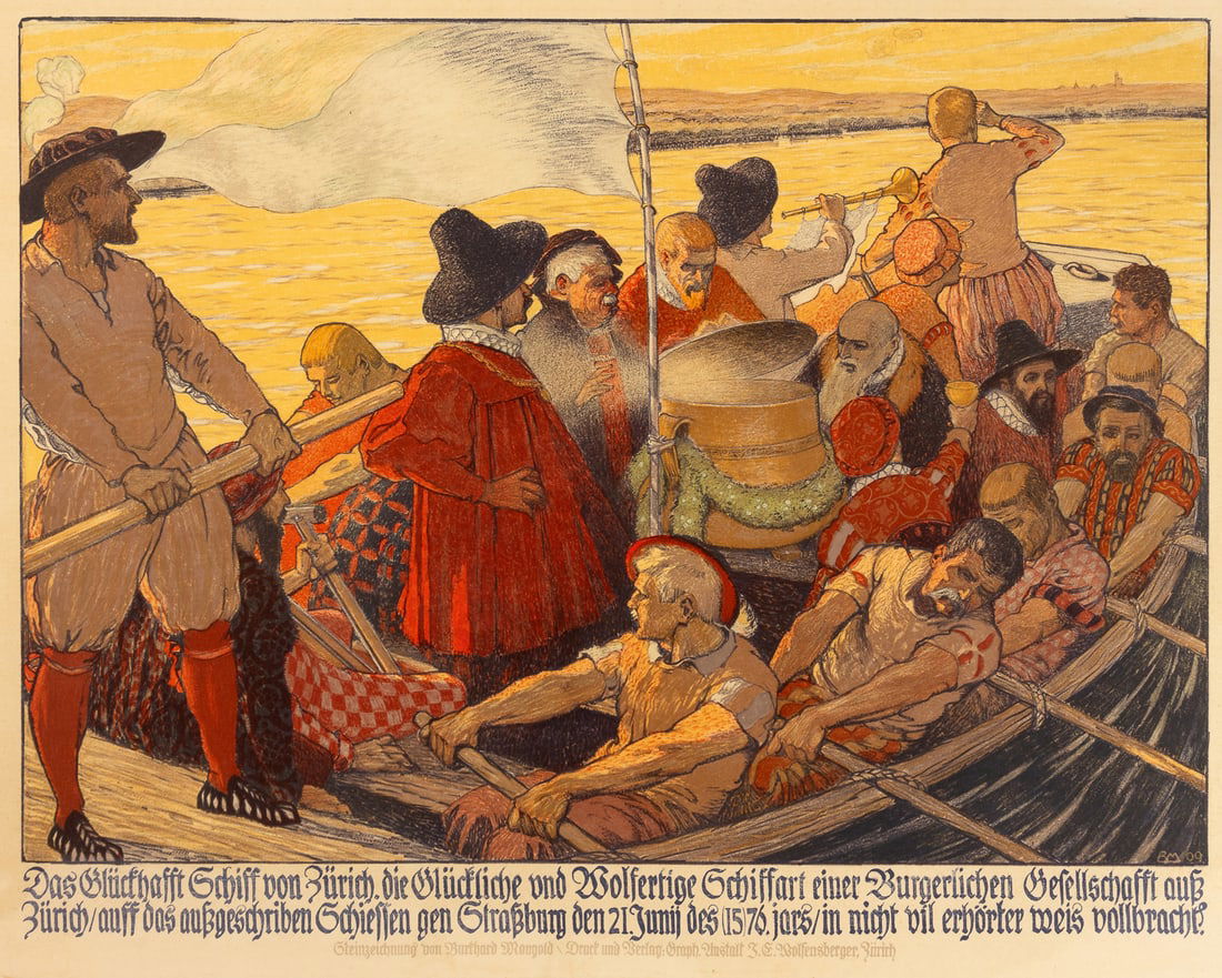 DAS GLÜCKHAFT SCHIFF VON ZÜRICH: DAS GLÜCKHAFT SCHIFF VON ZÜRICH Sehr grosses Plakat von Burkhard MANGOLD (1873-1950), gedruckt bei Wolfensberger, Zürich ca. 68 x 88 cm, Rahmen: 104,5 x 84 cm DAS GLUCKHAFT SCHIFF VON ZURICH Very l