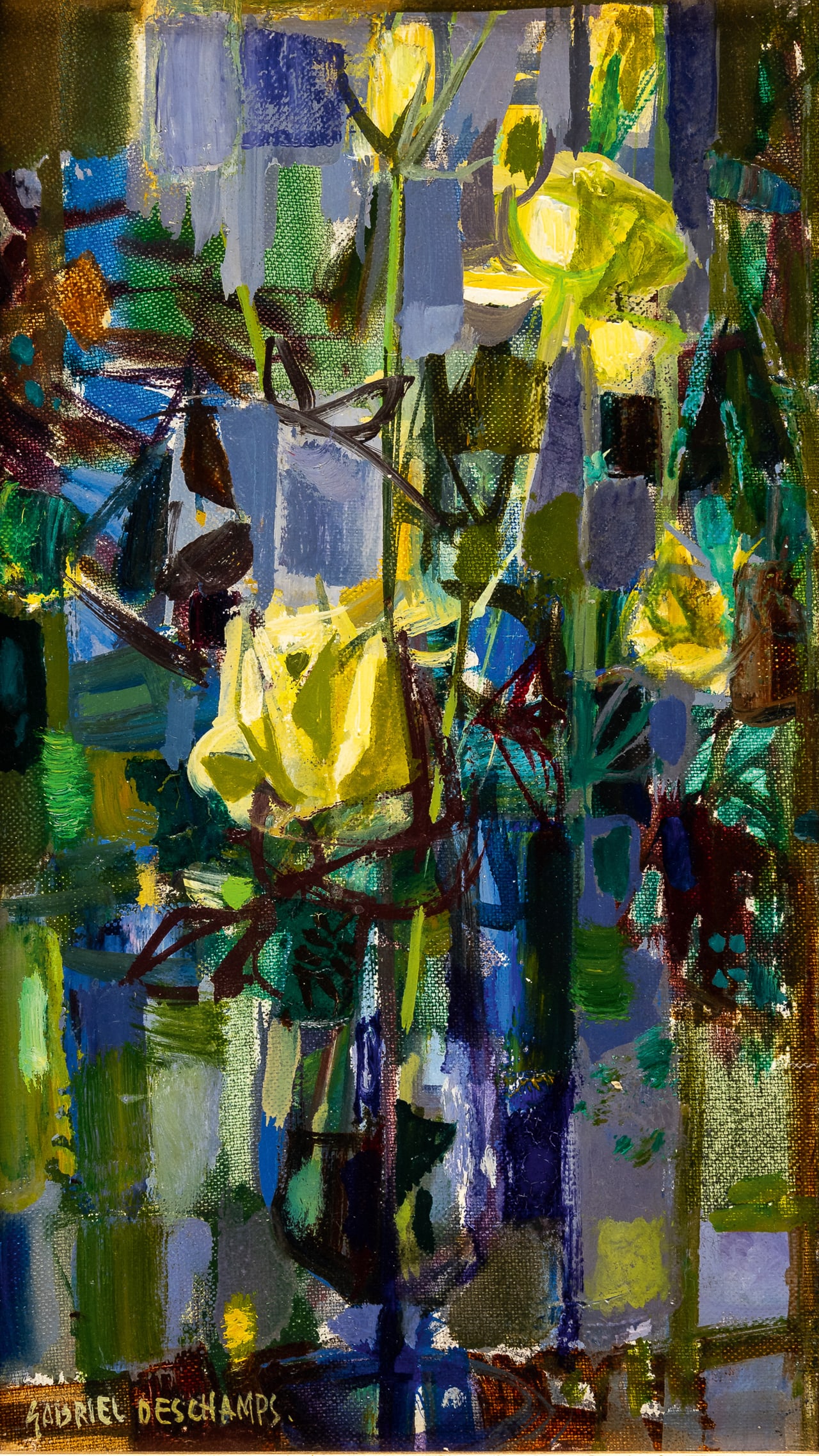 Gabriel DESCHAMPS (XX-XXI): Gabriel DESCHAMPS (XX-XXI) Les roses jaunes Öl auf Leinwand, signiert 33,5 x 19 cm, Rahmen: 45,5 x 32 cm Gabriel DESCHAMPS (XX-XXI) Les roses jaunes Oil on canvas, signed 33.5 x 19 cm, frame: 45.5 x
