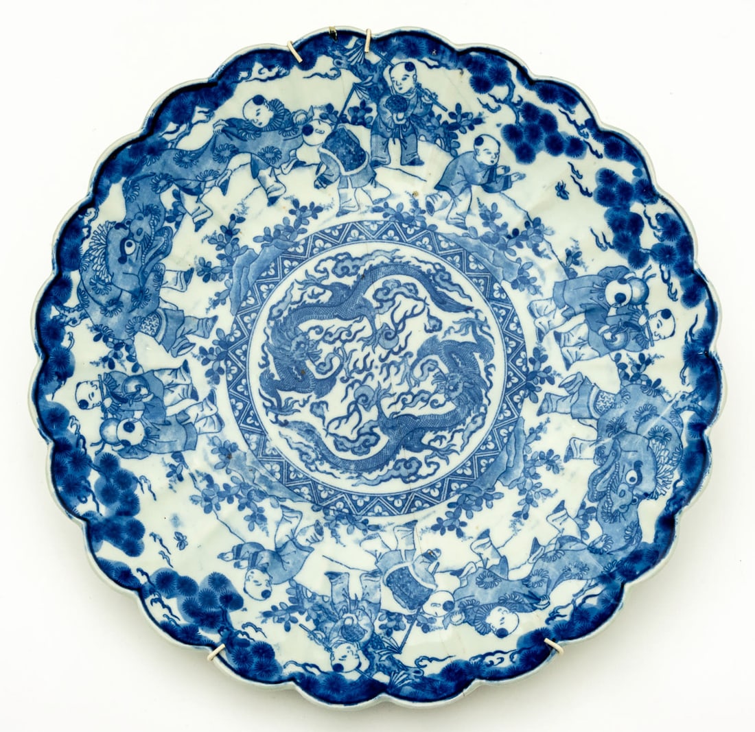 VERY LARGE CHINESE BLUE AND WHITE PORCELAIN PLATE WITH FIGURAL SCENES AND MYTHICAL CREATURES (1 of 1)