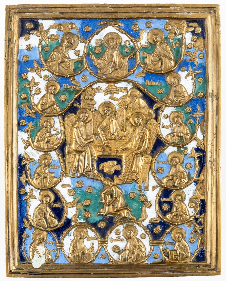 VERY RARE RUSSIAN METAL ICON SHOWING THE HOLY TRINITY (OLD TESTAMENT TYPE), THE DEESIS AND SAINTS (1 of 1)