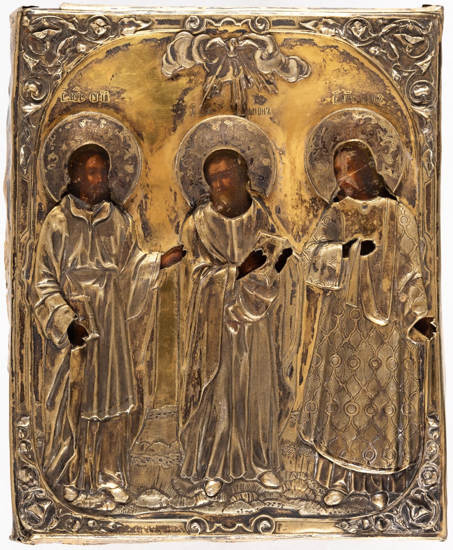 RUSSIAN GILDED SILVER OKLAD ICON SHOWING THE WEDDING SAINTS SAMON, GURY AND AVIV: silver (191g), Moscow 18?7 22 x 18 cm