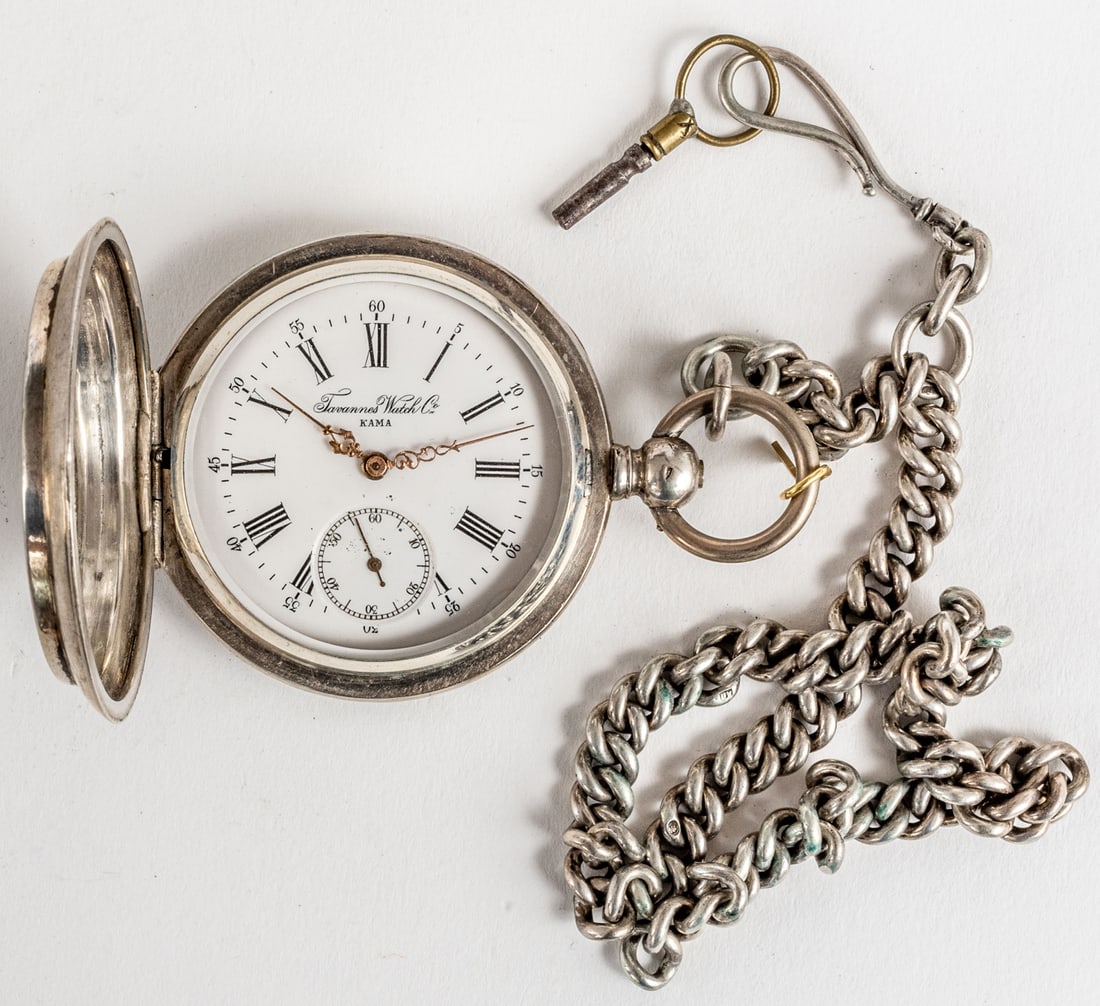 SILVER TAVANNES SAVONNETTE POCKET WATCH WITH CHAIN (1 of 3)