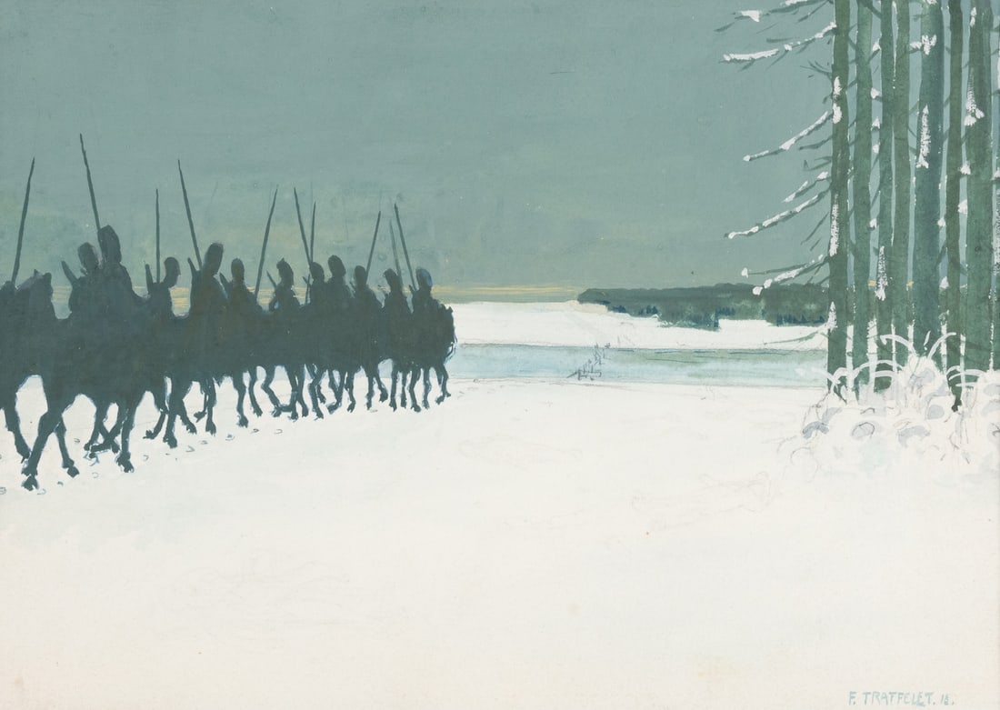 Fritz TRAFFELET (1897-1954): Mounted soldiers in winter landscape Gouache on paper, signed 21.5 x 30 cm, frame: 34 x 49 cm