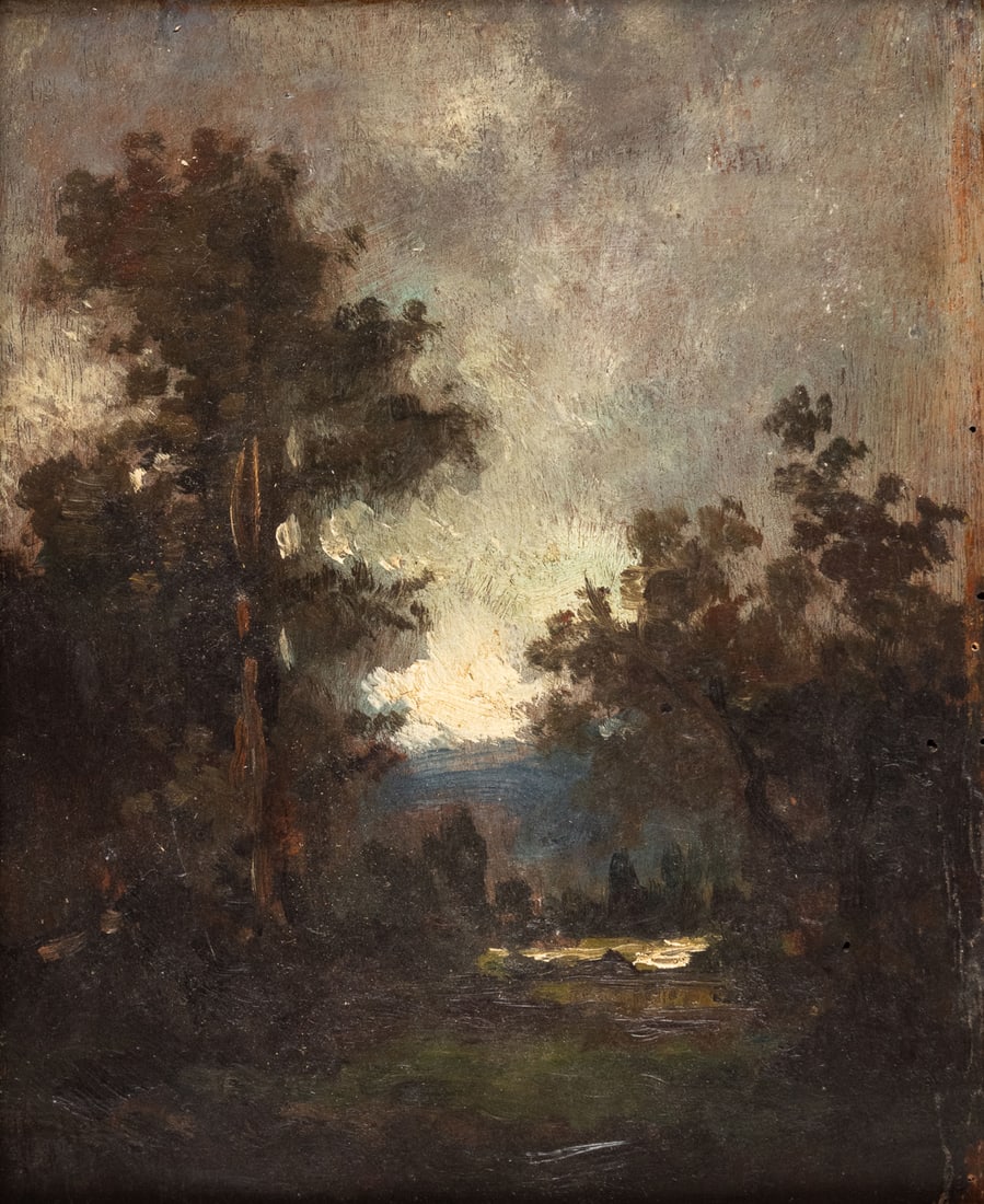 Jules DUPRÉ (1811-1889) , attributed to: Landscape Oil on panel, verso with pencil "Jules Dupré" 19.5 x 15.3 cm, frame: 28.3 x 25.3 cm