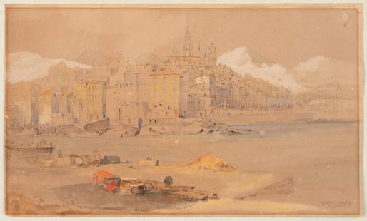 John Frederick LEWIS (1805-1876): View of Menton on the Côte d'Azur Watercolour on paper, inscribed "April Menton" lower right, attributed in pencil by someone else's hand on the reverse 21 x 35.5 cm 