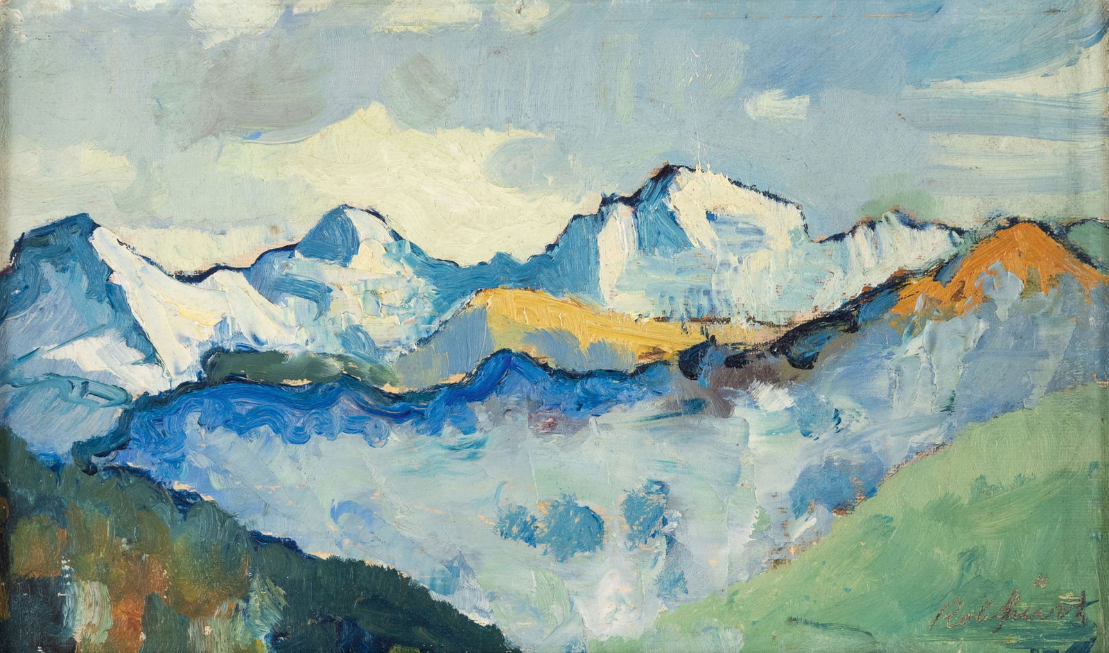 Johann Robert SCHUERCH (1895-1941): Mountain landscape Oil on board, signed lower right 19 x 31.5 cm, frame: 28 x 40 cm The chosen motif and the painting style are reminiscent of Ferdinand HODLER (1853-19
