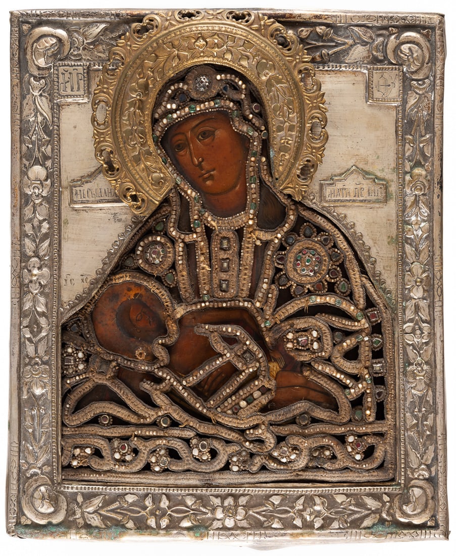 RUSSIAN ICON WITH SILVERED OKLAD AND EMBROIDERED RIZA SHOWING THE MOTIF 'DON'T WEEP FOR ME, MOTHER' (1 of 2)
