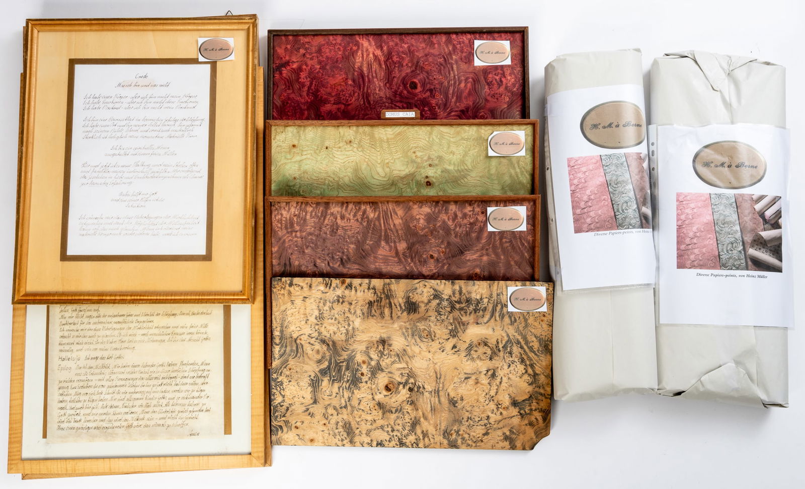 LOT FROM HEINZ MÜLLER'S STUDIO: 3 frames, 4 sample boards, original paper with which Heinz Müller lined cupboards, drawers, etc. Different sizes.