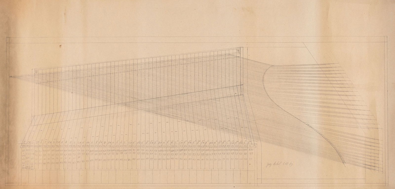 CLAVICHORD - DRAWING BY HEINZ MÜLLER: Pencil on paper, slightly torn on the sides 61 x 127 cm Heinz Müller was an ébéniste based in Bern who was the last to represent Bern furniture art of the 18th and 19th centuries a