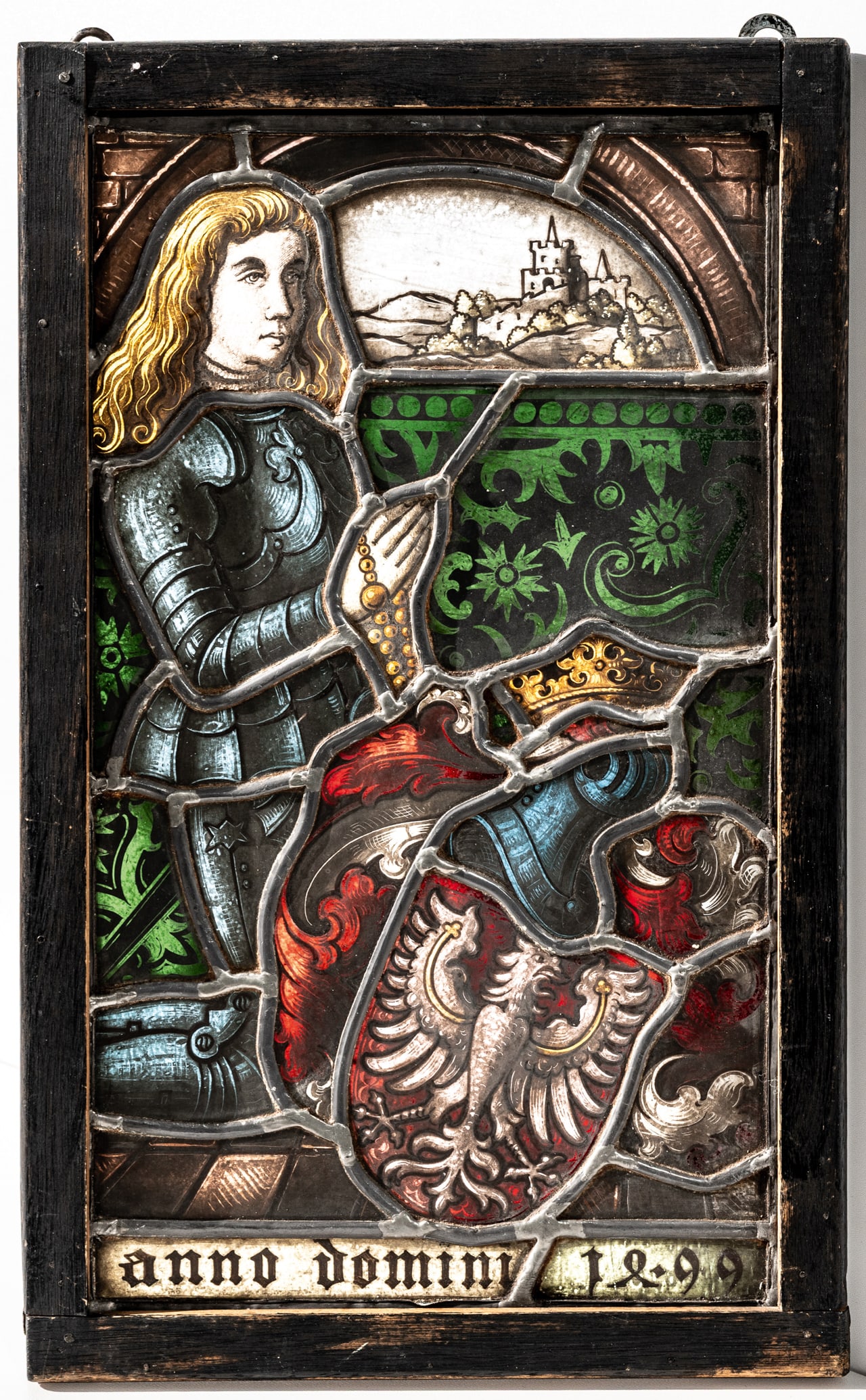 UNKNOWN GLASS PAINTER: Praying knight Painting on glass, dated 1499, probably made in the 19th c. Frame: 43.5 x 27 cm