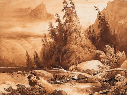 Alexandre CALAME (1810-1864): Approaching thunderstorm Brown ink, watercolor, pencil on paper, according to the inscription on the cardboard on the back: *Original by Alexander Calame, probably design for the "Storm on the