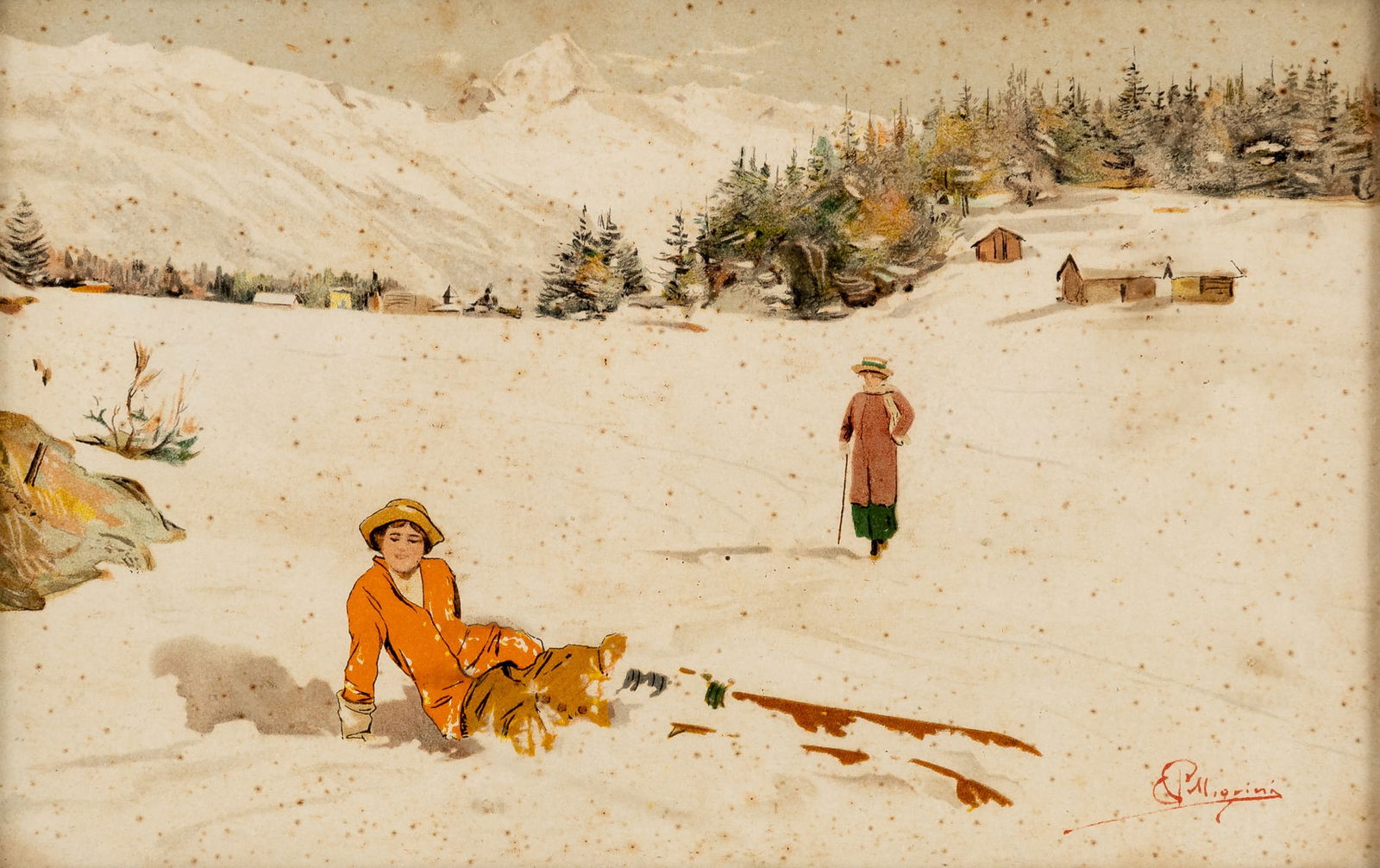 Carlo PELLEGRINI (1866-1937): Scene in winter Color graphic, ed. from Youga & Co., Geneve, slightly foxed, 13.5 x 20.5 cm