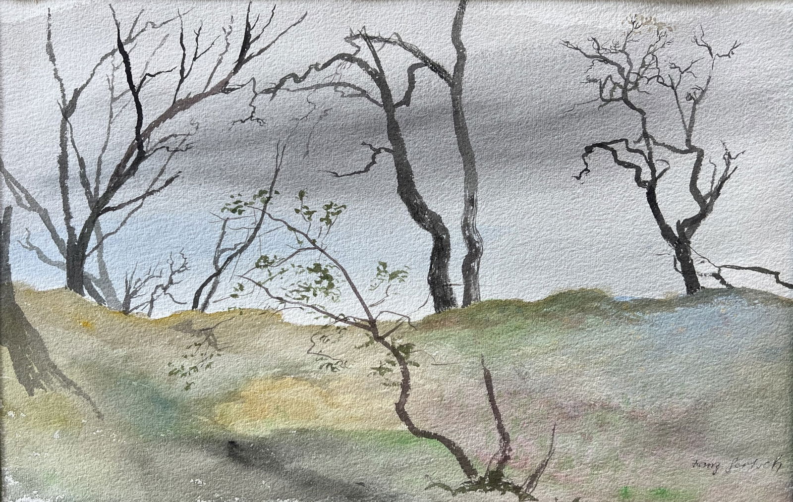 Franz GERTSCH (1930-2022): Landscape Watercolor on paper, fixed in 2 places at the top of the passe-partout, signed in pencil 31 x 48 cm