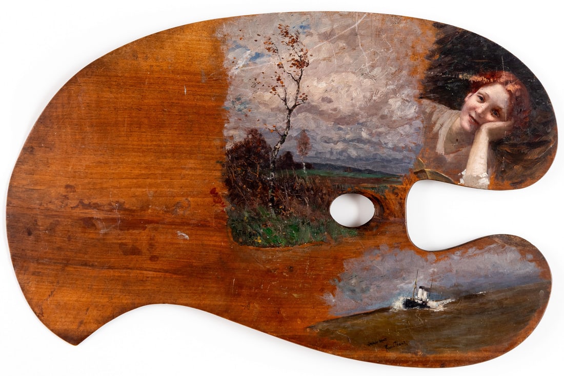 PAINTER WITH MONOGRAM "F.H." ((Ferdinand HODLER?) AND Raoul FRANK (1867-1939): Painting palette with various motifs by different artists: landscape, Calais boat and portrait of a girl Oil on panel, monogrammed "F.H." and dated 94, signed "Raoul Frank" and