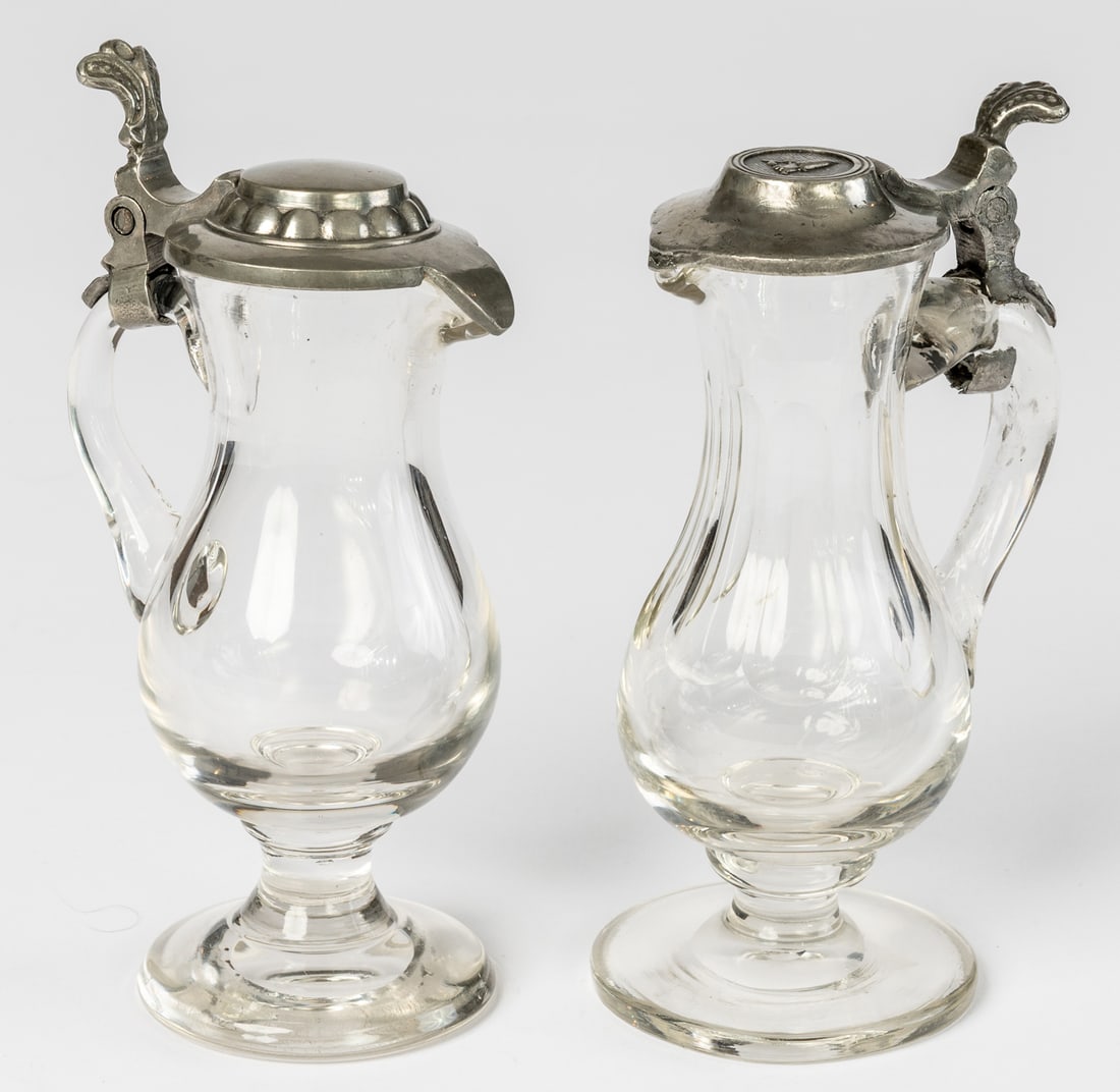 TWO LITURGICAL GLASS JUGS WITH TIN LIDS (1 of 2)