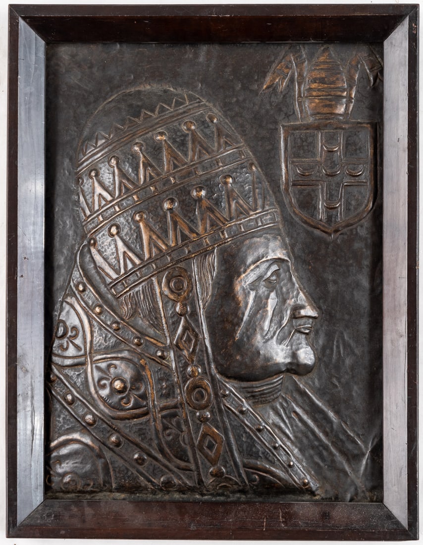PORTRAIT OF POPE PIUS II (1405-1464): Large copper relief, 19th c. or earlier 65 x 51.5 cm, frame: 69.6 x 53.7 cm