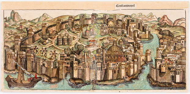 Hartmann SCHEDEL (1440-1514): View of Constantinople    Hand-colored woodcut, relined on cardboard, probably 17th c.   24 x 53.5 cm