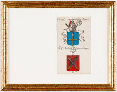 Johann Christoph WEIGEL (c.1654-1725/26): Coat of arms of the Bishopric of Lübeck. Coat of arms of the Princely City of Quedlinburg. Colored engraving, with text on the reverse, 1st half of 18th c. Light dimensions: 17 x 10 cm