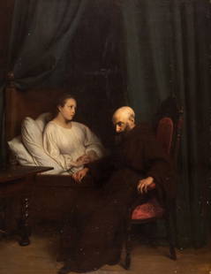Charles VAN BEVEREN (1809-1850) - ORIGINAL PAINTING FROM THE NEUE PINAKOTHEK IN MUNICH: The bedside confession Oil / panel, signed lower right and dated 44 81 x 63 cm In the original frame with the metal plaques of the Neue Pinakothek. Provenance: In 1845 King Ludwig I. of Bavaria has a
